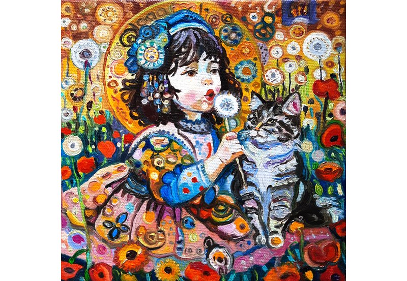 原画 Girl with Cat 绘画 小艺术 原创艺术 油画 布面油画 - 墙贴/壁贴 - 其他材质 橘色