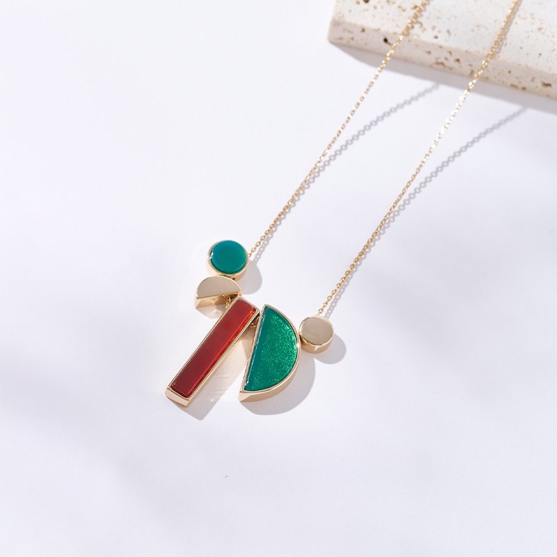 DECO半圆几何宝石项链 (红绿玛瑙) - 项链 - 半宝石 红色