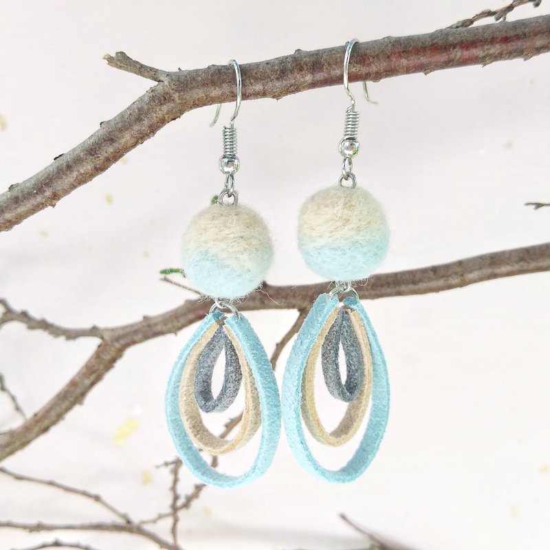 午茶 手作羊毛毡耳环 可改耳夹 - 耳环/耳夹 - 羊毛 蓝色