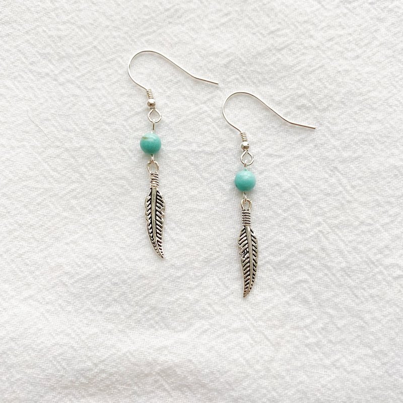 勇往前行 | 印地安羽毛 土耳其石 | 纯银耳饰 - 耳环/耳夹 - 纯银 银色
