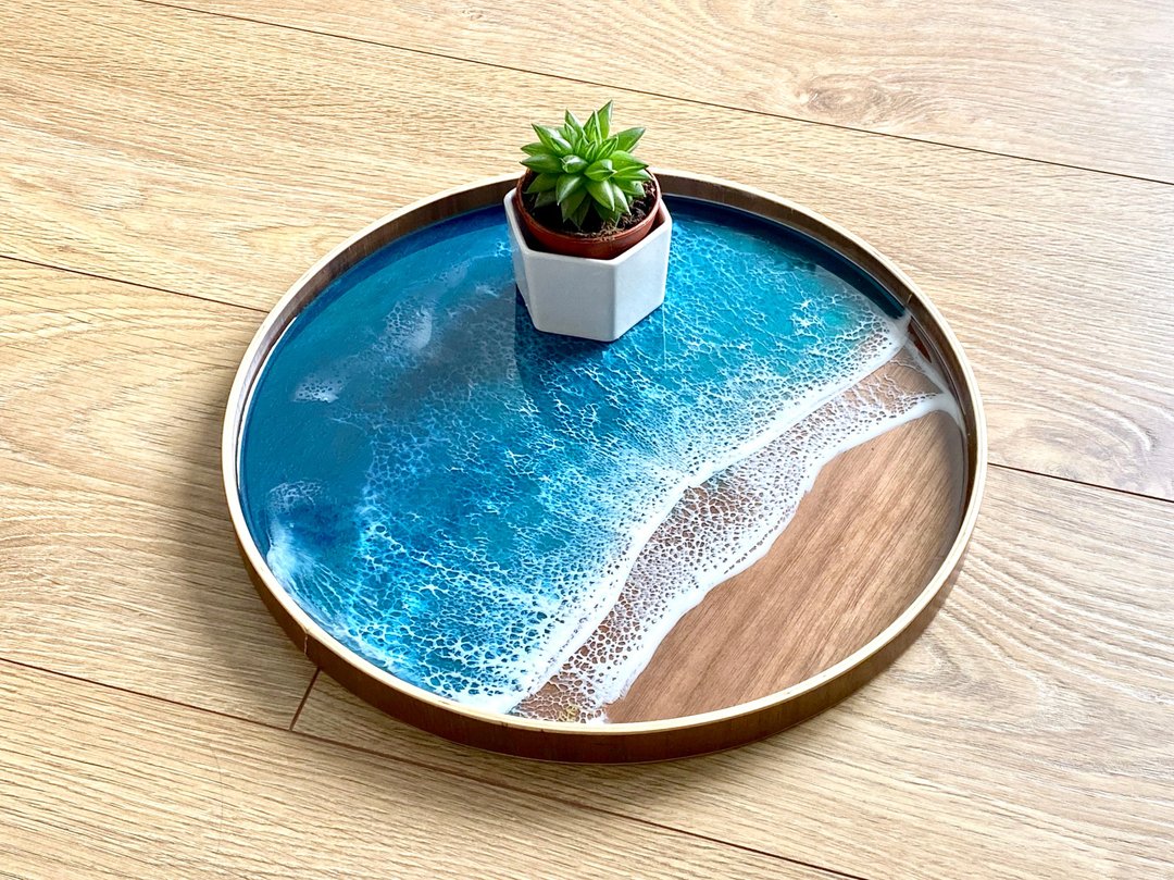 Wood Serving Tray, Blue Diamond Ocean, Wedding Gift, Home Gift - 盘子/餐盘/盘架 - 木头 蓝色