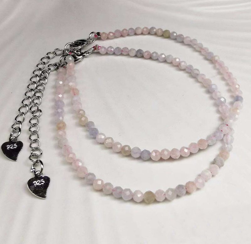 天然摩根石手链|925银 圆形钻切割面 手作单圈极细|定制化礼物| - 手链/手环 - 水晶 粉红色