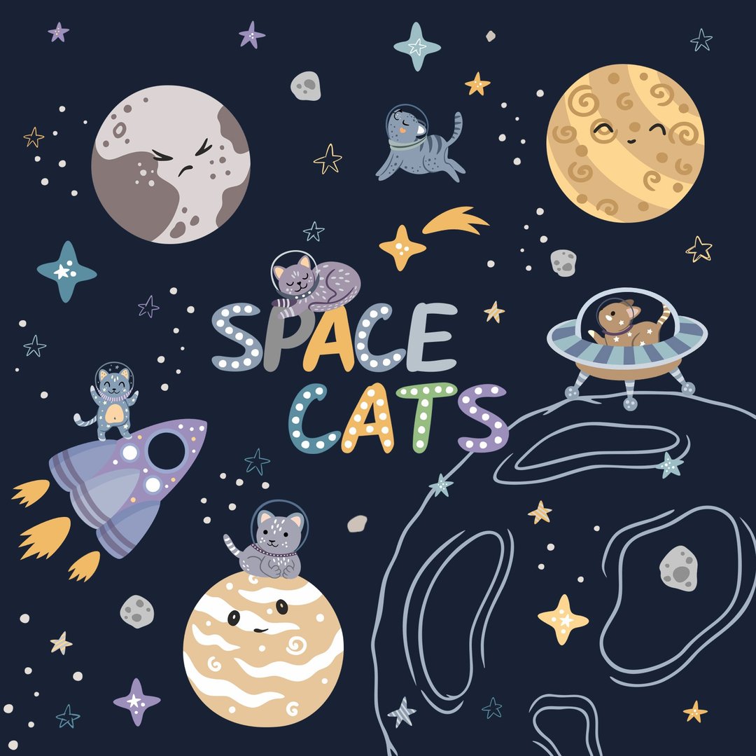 Space Cats Collection. Solar system Clipart for Kids, Ready-made posters. - 电子手绘真人画像/绘画/插画 - 其他材质 