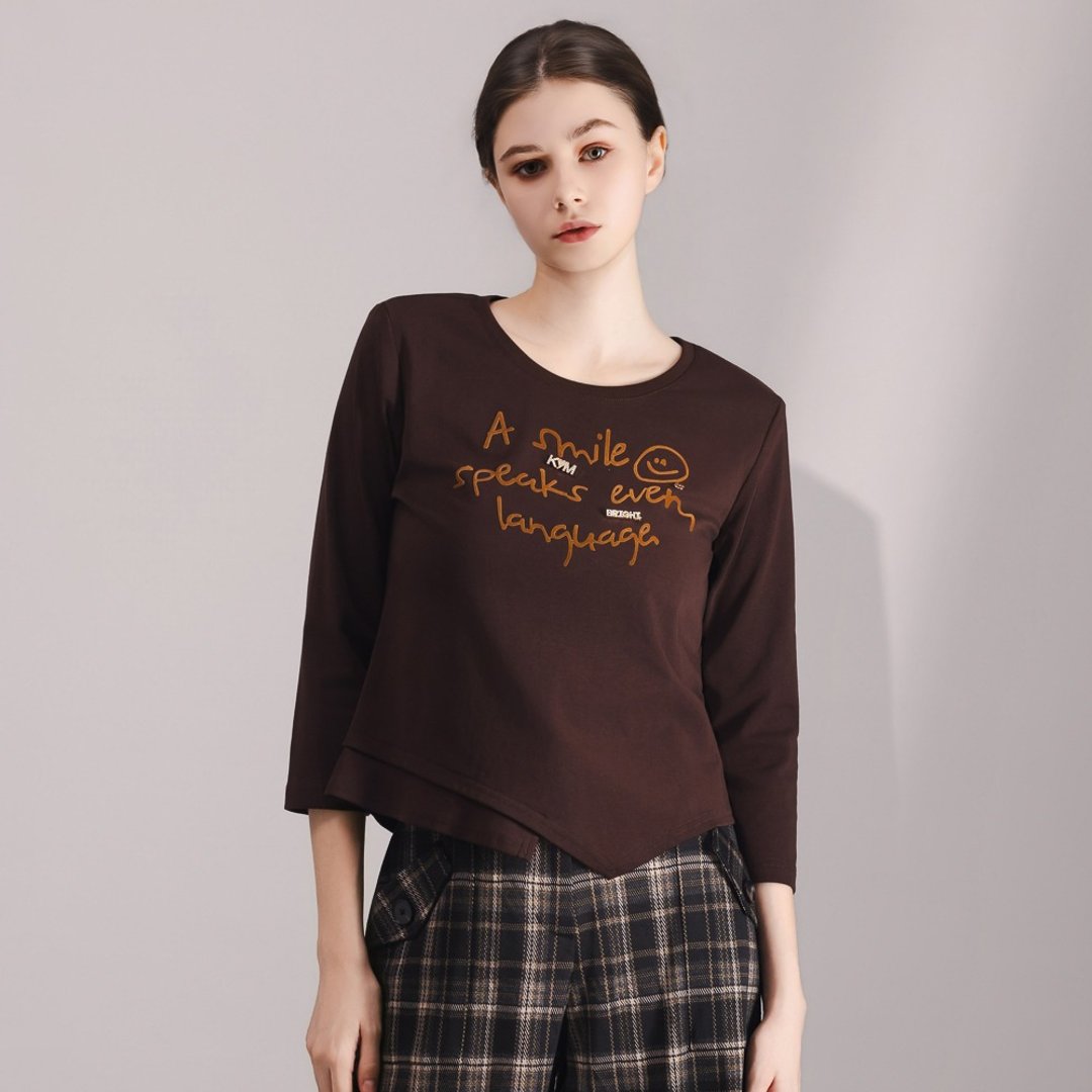【MEDUSA】棕色层次感笑脸 T 恤 (M-XL) | 女休闲上衣 女 T 恤 女长袖 - 女装 T 恤 - 棉 咖啡色