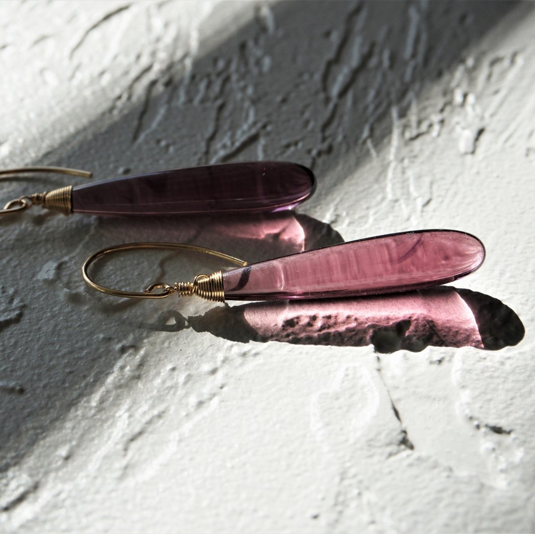 14kgf*Quartz drop pierced earring / earring DARK CHERRY - 耳环/耳夹 - 水晶 粉红色