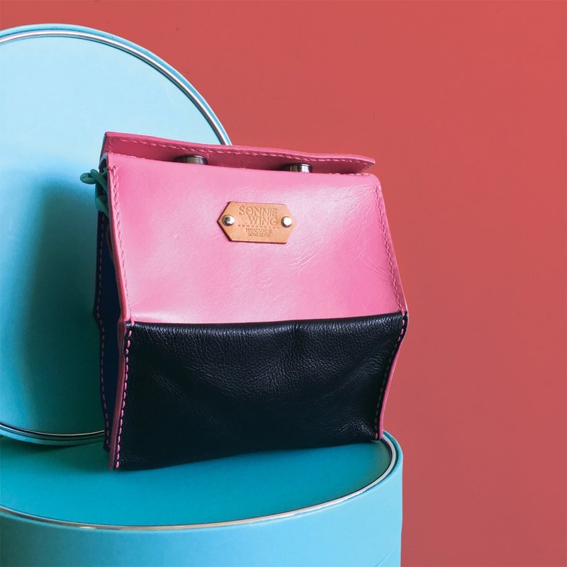 六边形盒形玩味配色皮革单肩包 - 手拿包 - 真皮 粉红色