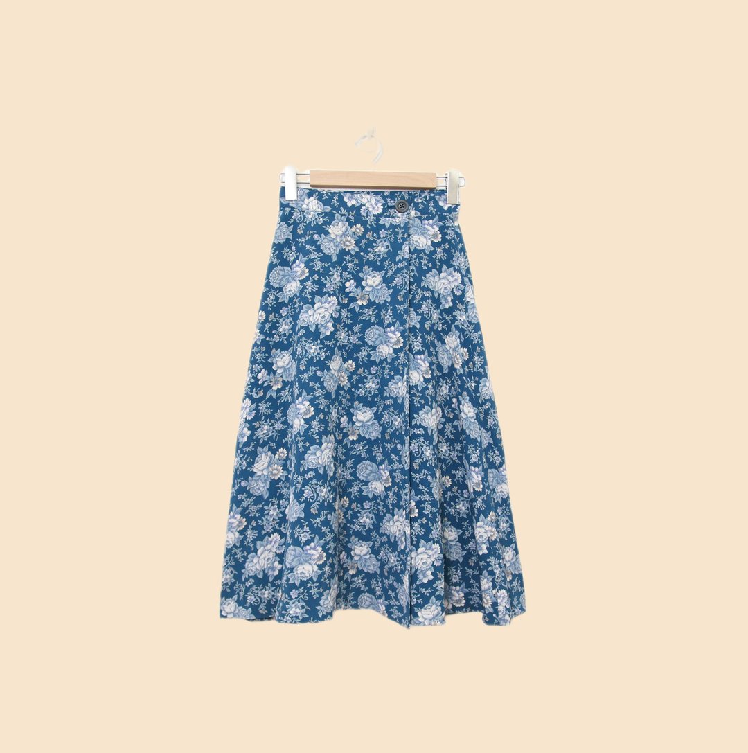 Back to Green-复古拼接长裙 蓝色满版花朵 fs-01 vintage skirt - 裙子 - 棉 