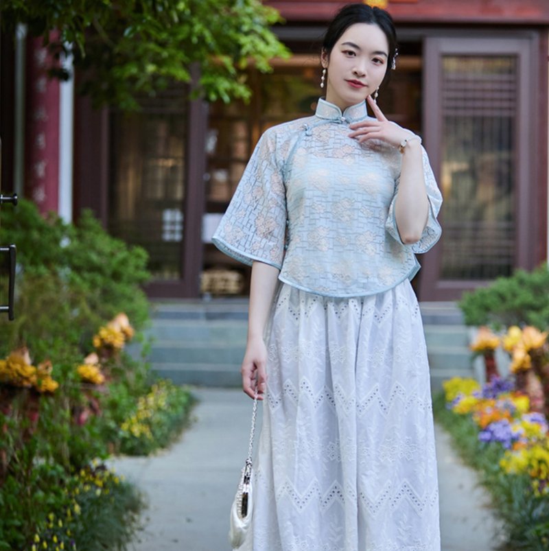 【冰落漪】 新中式復古/古法倒大袖上衣/半裙 - 洋装/连衣裙 - 其他材质 蓝色