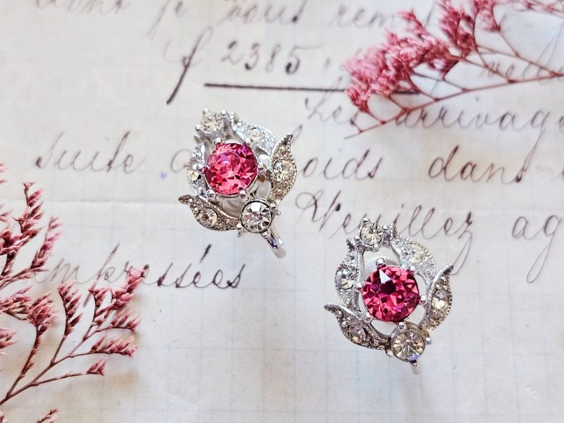 现货在台-Bogoff 镀铑粉色花卉耳环【美国老件时尚珠宝】 - 耳环/耳夹 - 其他金属 粉红色