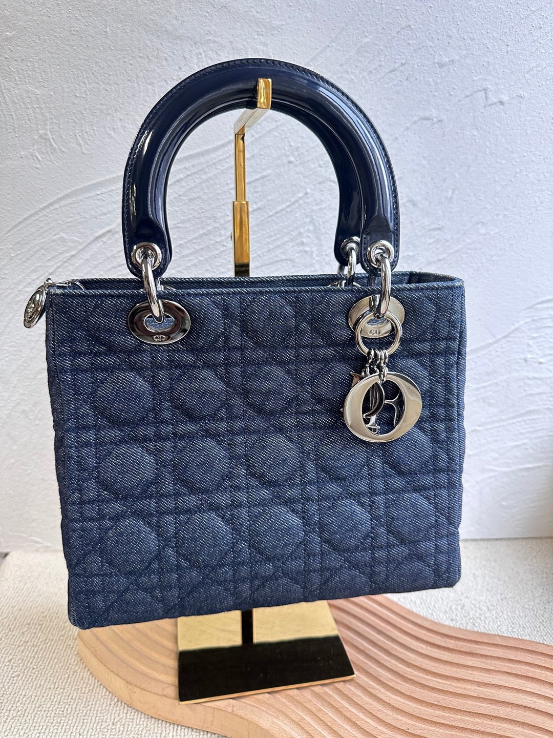 中古包 稀有绝版Vintage Lady Dior 五格深蓝牛仔戴妃包 - 手提包/手提袋 - 棉 