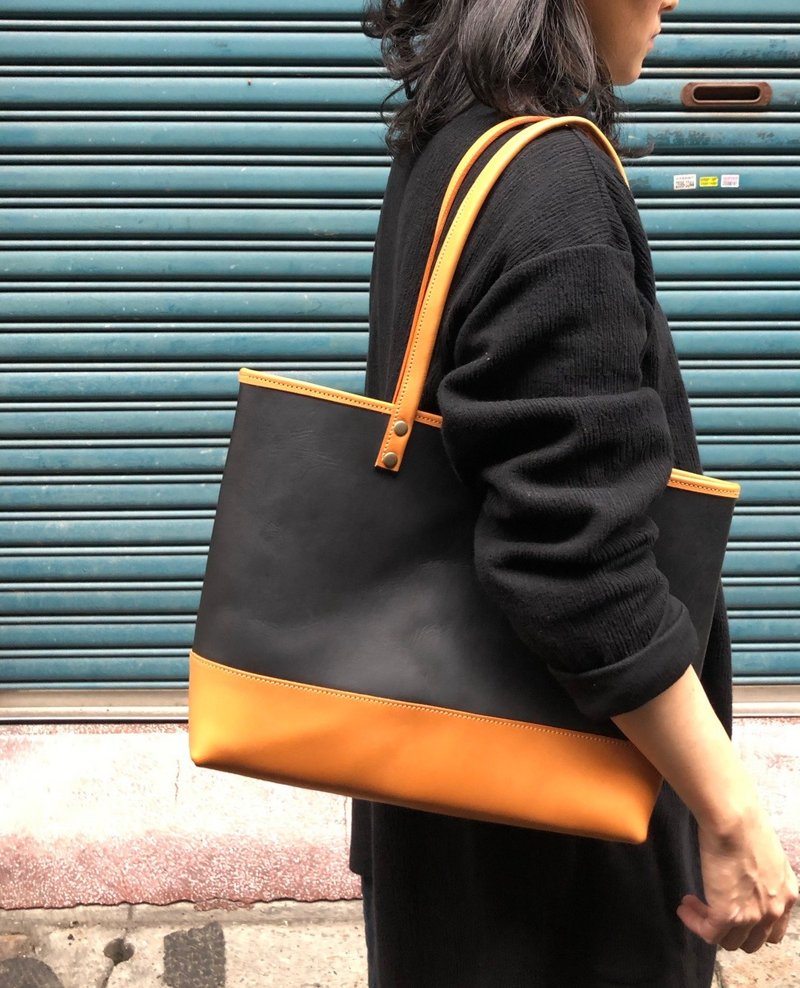 拼接复古托特包/手提包  -植鞣皮革制- - 手提包/手提袋 - 真皮 黑色