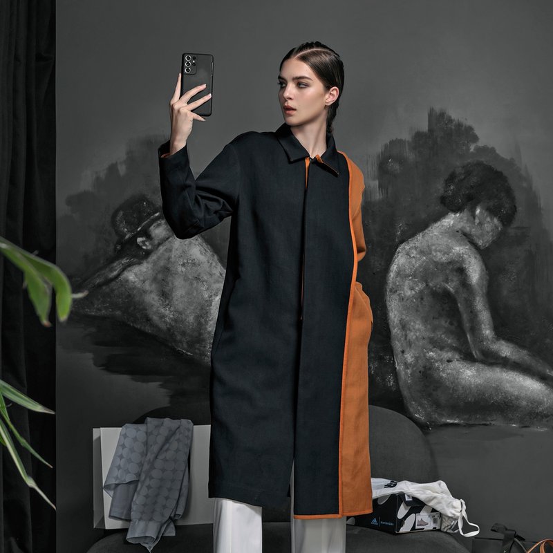 异色拼接中长版拉链大衣 - 女装休闲/机能外套 - 棉．麻 多色