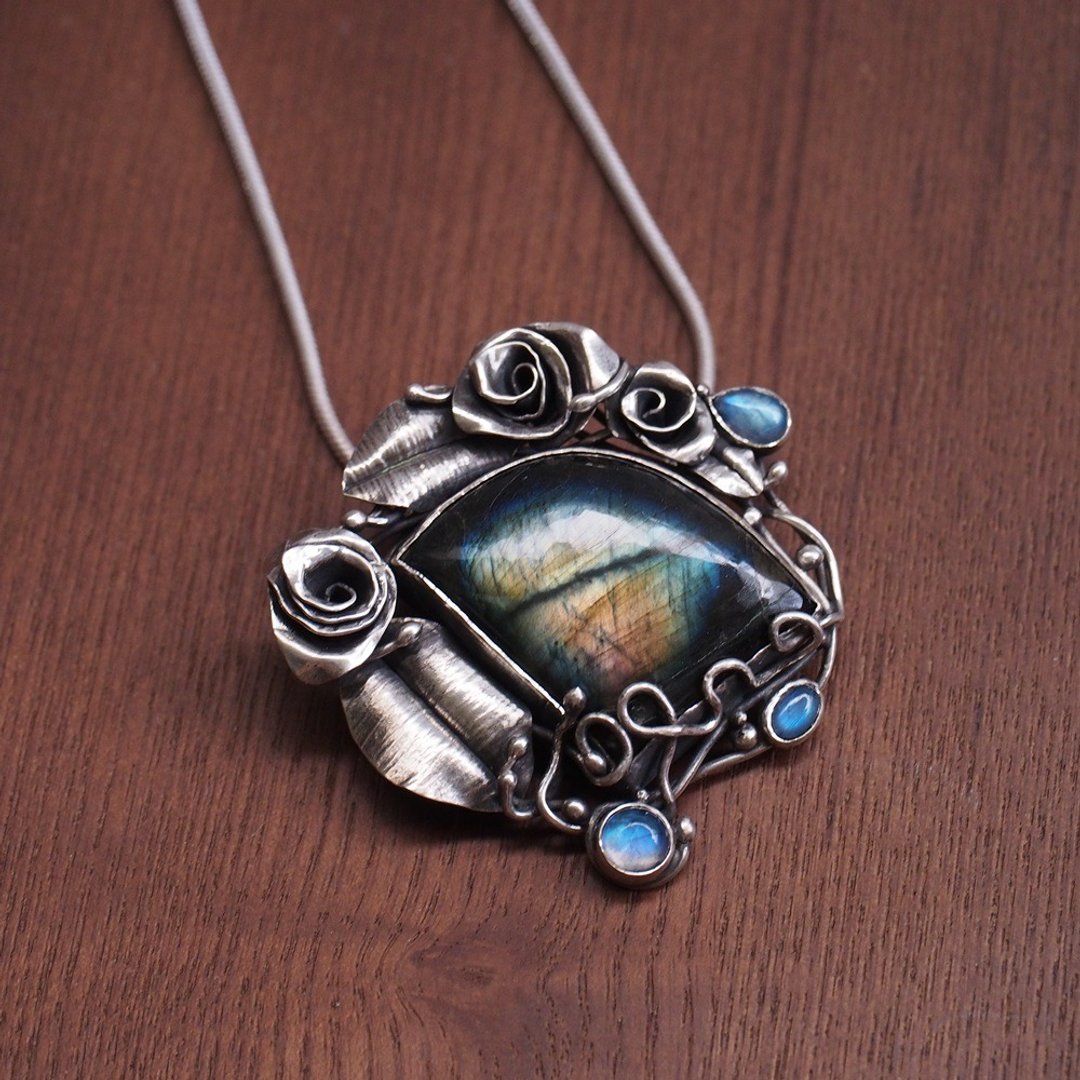 拉长石 大颗 月光石 玫瑰纯银大坠子项链 独一无二 Labradorite - 项链 - 半宝石 蓝色