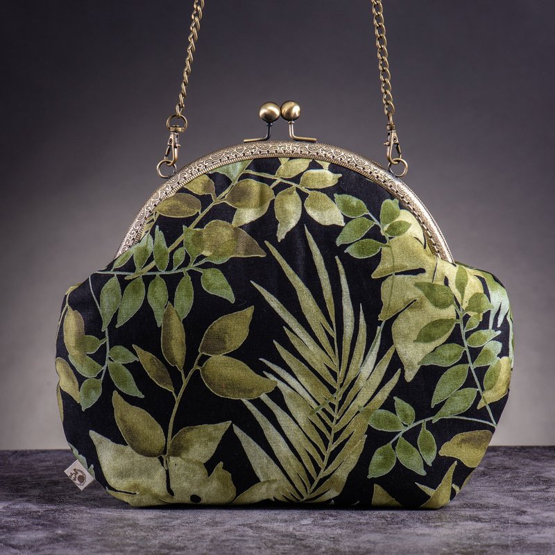 【绿叶子】复古金属口金包-大款 #随身包#可爱#优雅#百搭 - 侧背包/斜挎包 - 棉．麻 黑色