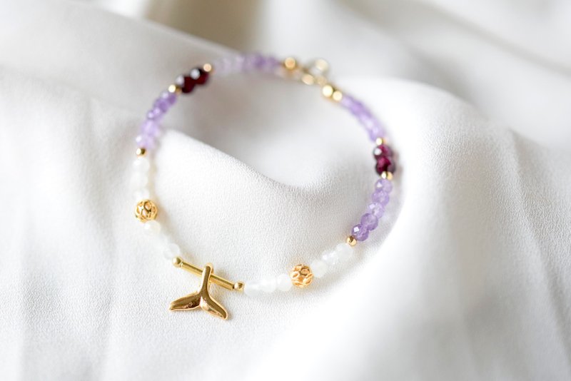 小美人鱼。乌拉圭紫晶 白月光石 石榴石 18K包金 水晶 手链 - 手链/手环 - 水晶 紫色
