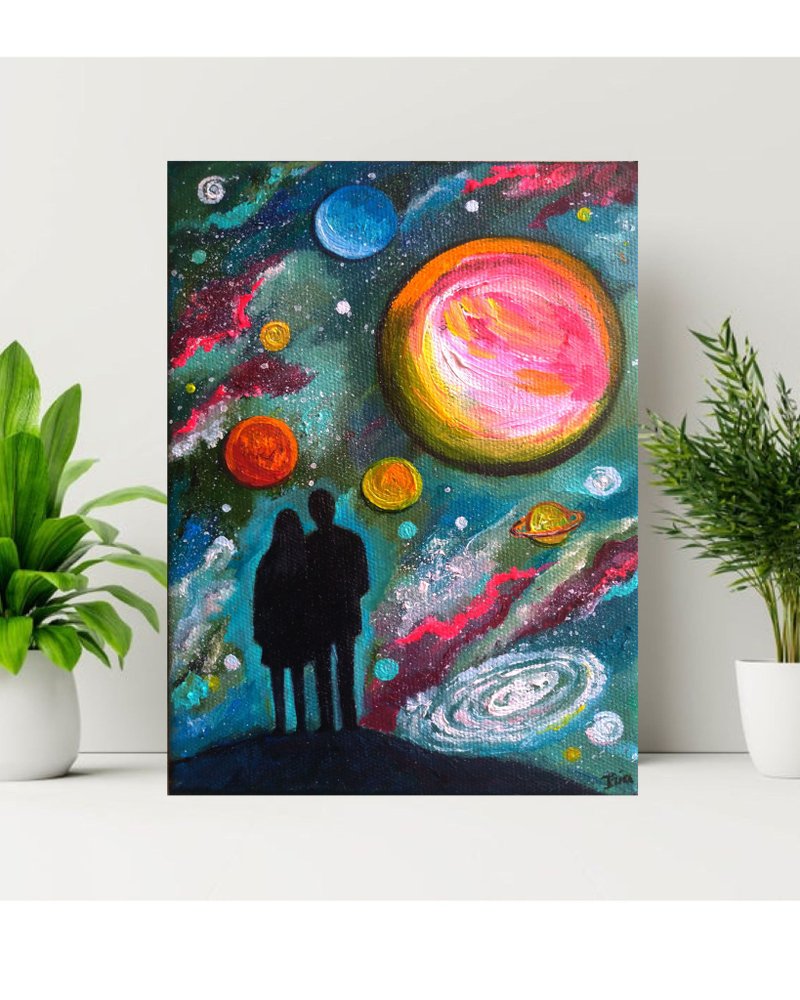 Space Art Original Oil Painting Couple Art Space Galaxy Cosmos Sky Starry Night - 海报/装饰画/版画 - 其他金属 多色