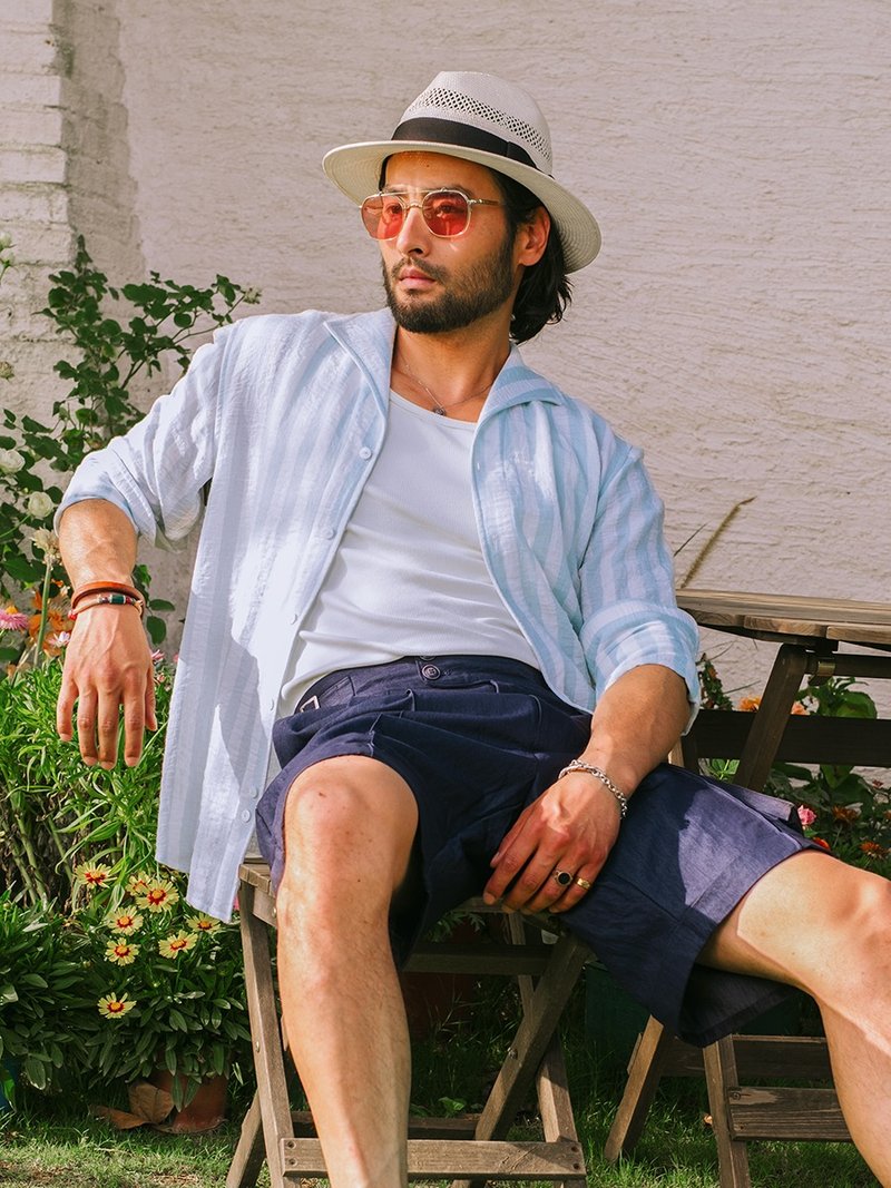 SOARIN义式复古泡泡纱条纹衬衫(2521C418) - 男装衬衫 - 棉．麻 蓝色