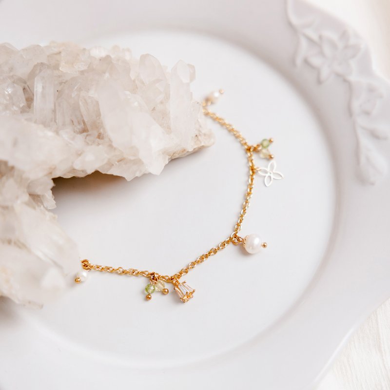 桃花 x 珍珠 橄榄石 黄水晶 生日水晶【铃兰 • 幸福回归】手链 - 手链/手环 - 宝石 白色