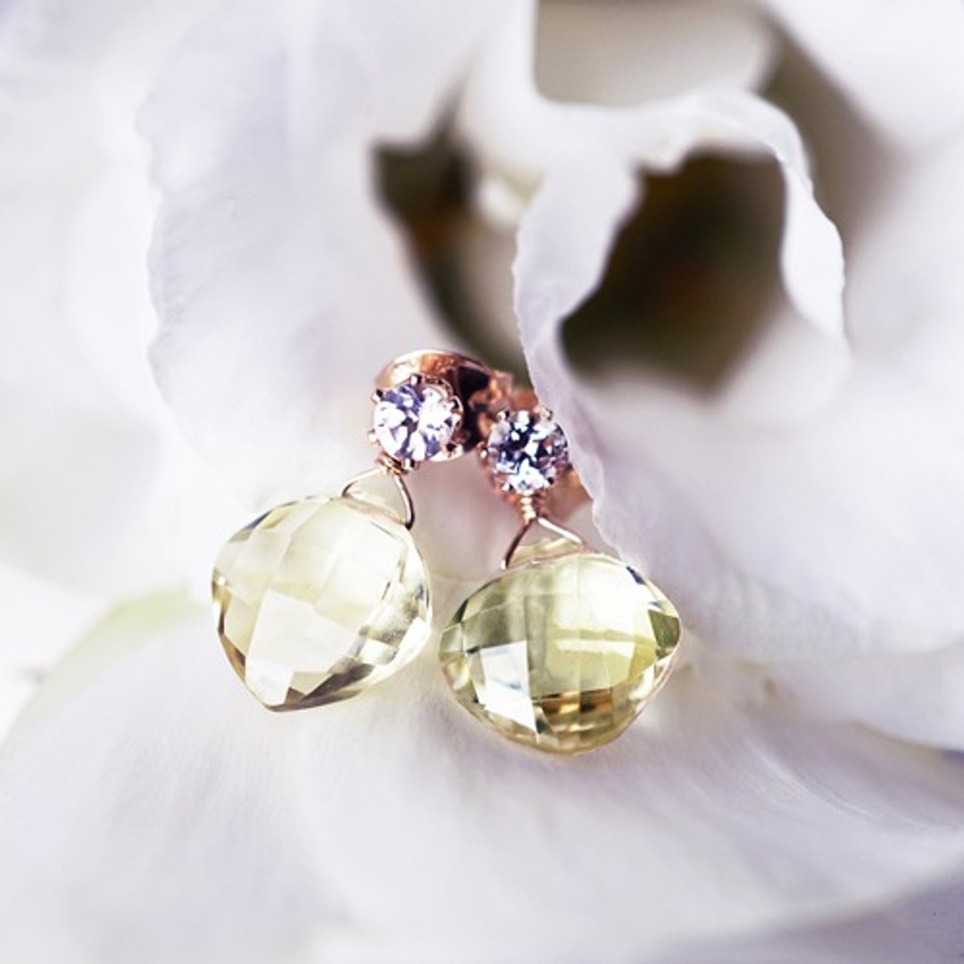 2Way white topaz and lemon quartz jewel earrings Lemon tea - 耳环/耳夹 - 宝石 黄色