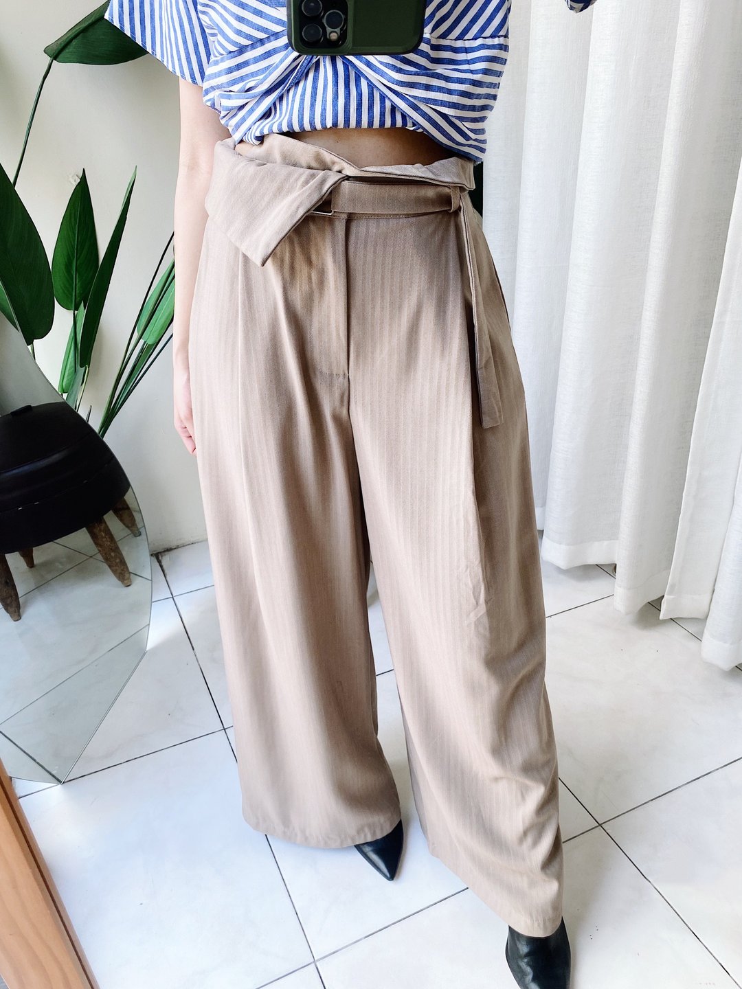 燕麦米色不对称反翻腰软柔日札 纺纱长裤宽裤 pants vintage - 女装长裤 - 聚酯纤维 卡其色
