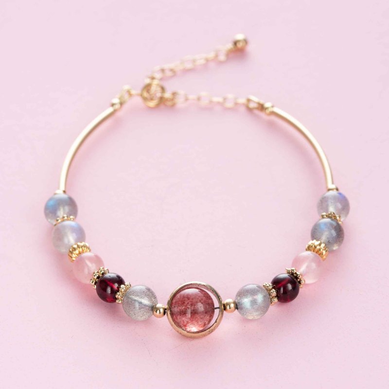 石榴石草莓晶手链 | 粉水晶拉长石14K包金 14KGF天然水晶定制手环 - 手链/手环 - 半宝石 粉红色