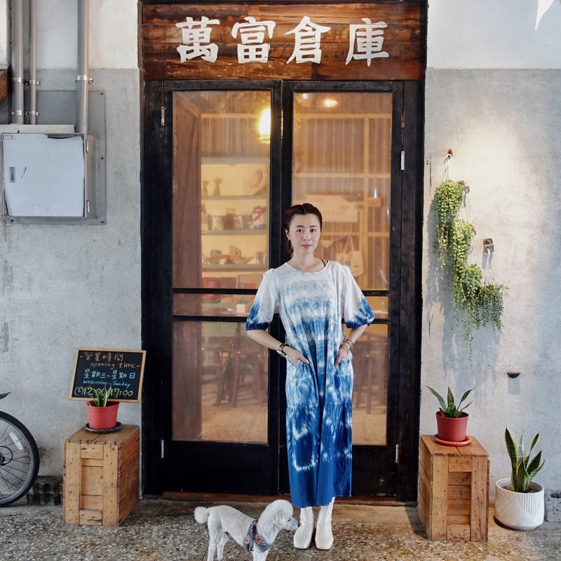 蓝染公主七分袖洋装 - 洋装/连衣裙 - 棉．麻 