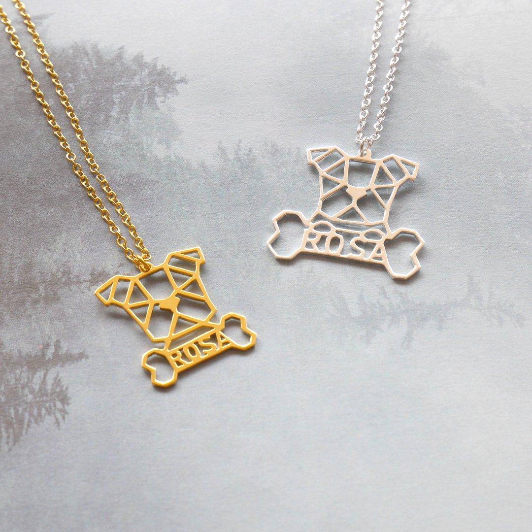 Custom Dog Bone Necklace, Memorial gift for Pet lover Geometric Style - 项链 - 铜/黄铜 金色