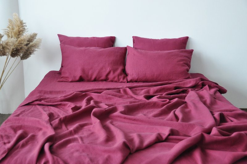 Raspberry linen flat sheet / Linen bedsheet / Softened stonewashed linen sheet - 寝具 - 亚麻 红色