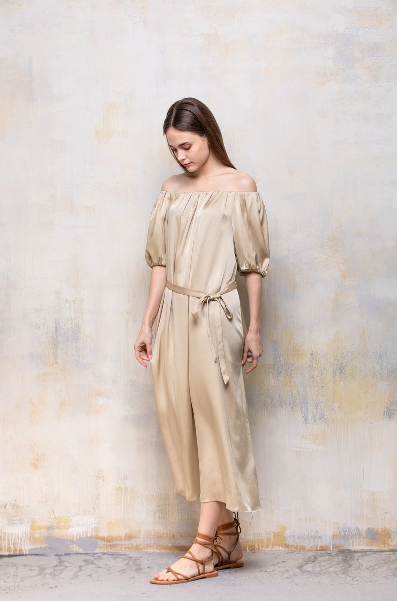 金盏花黄醋酸一字/斜肩两穿花苞袖中长款连衣裙 - 洋装/连衣裙 - 其他材质 卡其色