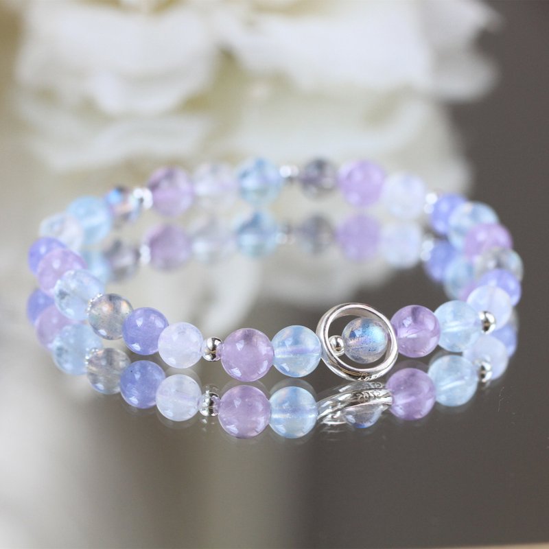 坦桑石 丹泉石 月光石 拉长石 海蓝宝。紫阳花 纯银水晶手链 - 手链/手环 - 水晶 蓝色