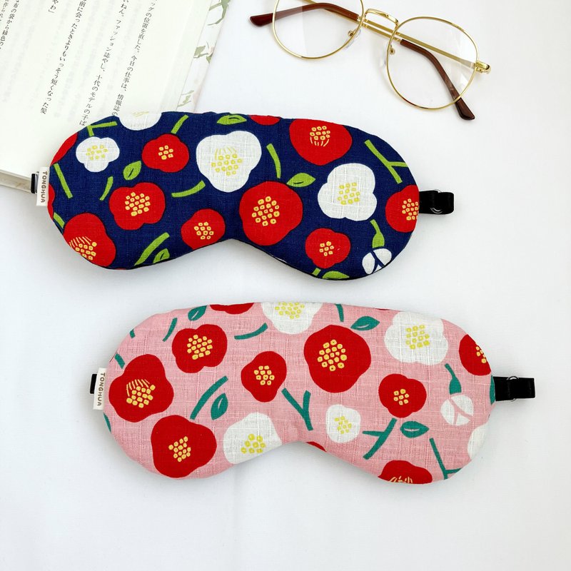 手工有机棉眼罩 红白山茶花 深蓝粉色 纯棉节纱 可调长度 收纳袋 - 眼罩 - 棉．麻 蓝色