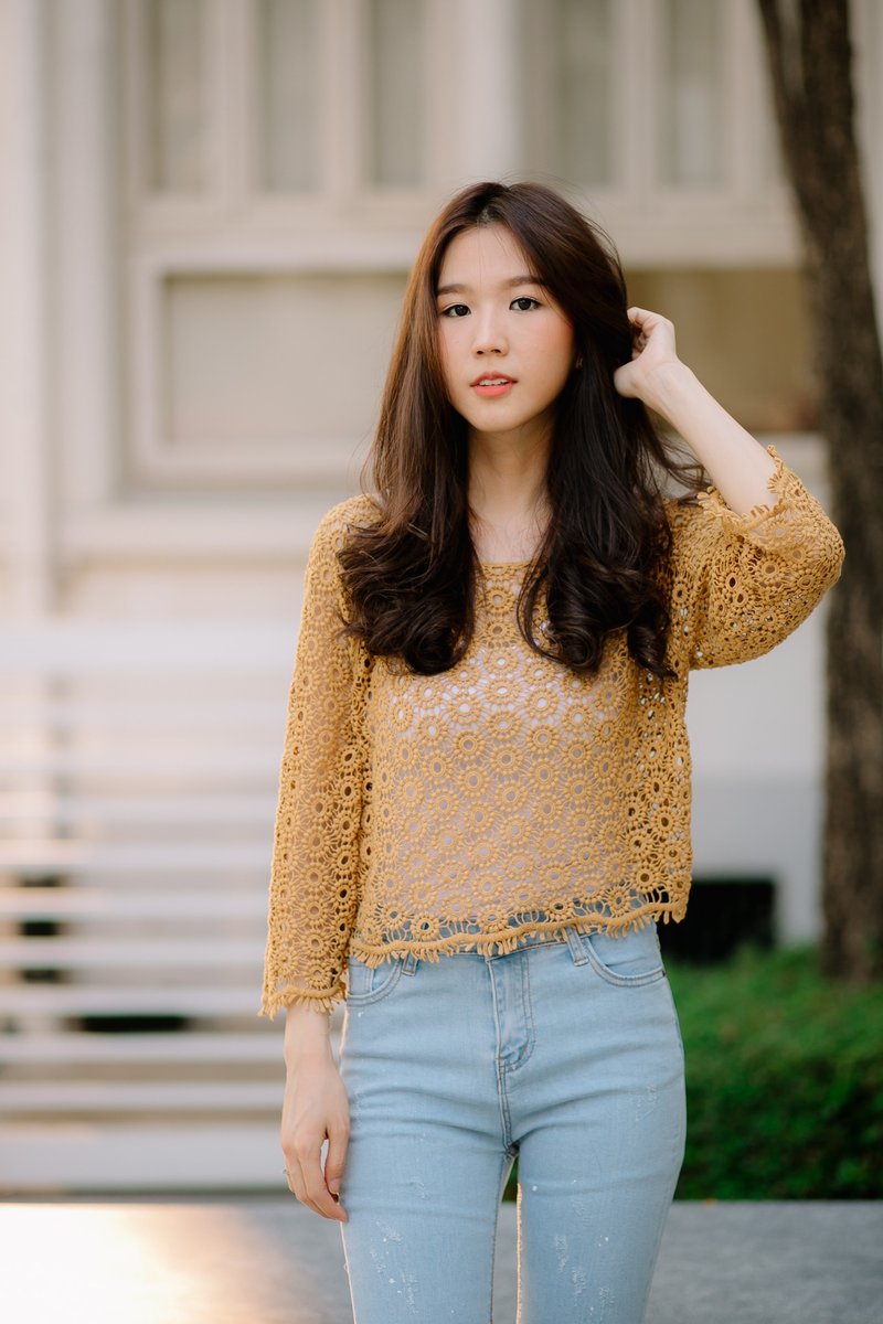 Crochet wideneck top - 女装上衣 - 棉．麻 橘色