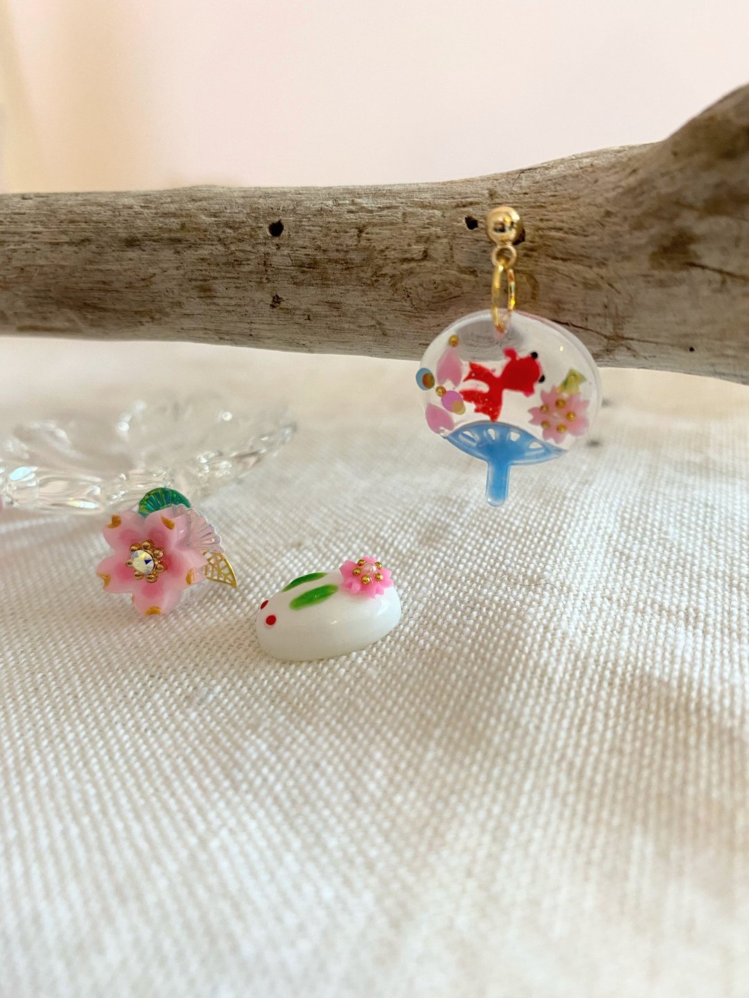 樱花、扇、白兔、耳针、耳夹 - 耳环/耳夹 - 树脂 