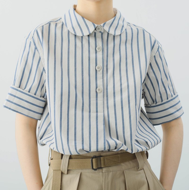 【盐系海军】法式复古/条纹彼得潘领衬衫 - 女装衬衫 - 棉．麻 蓝色