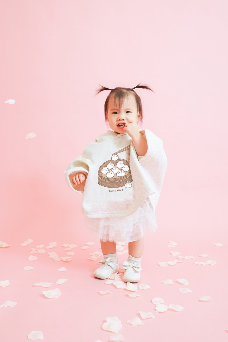 Kid-麻糬兔小笼包小孩厚款斗篷帽衣 (麻白) - 童装外套 - 棉．麻 白色