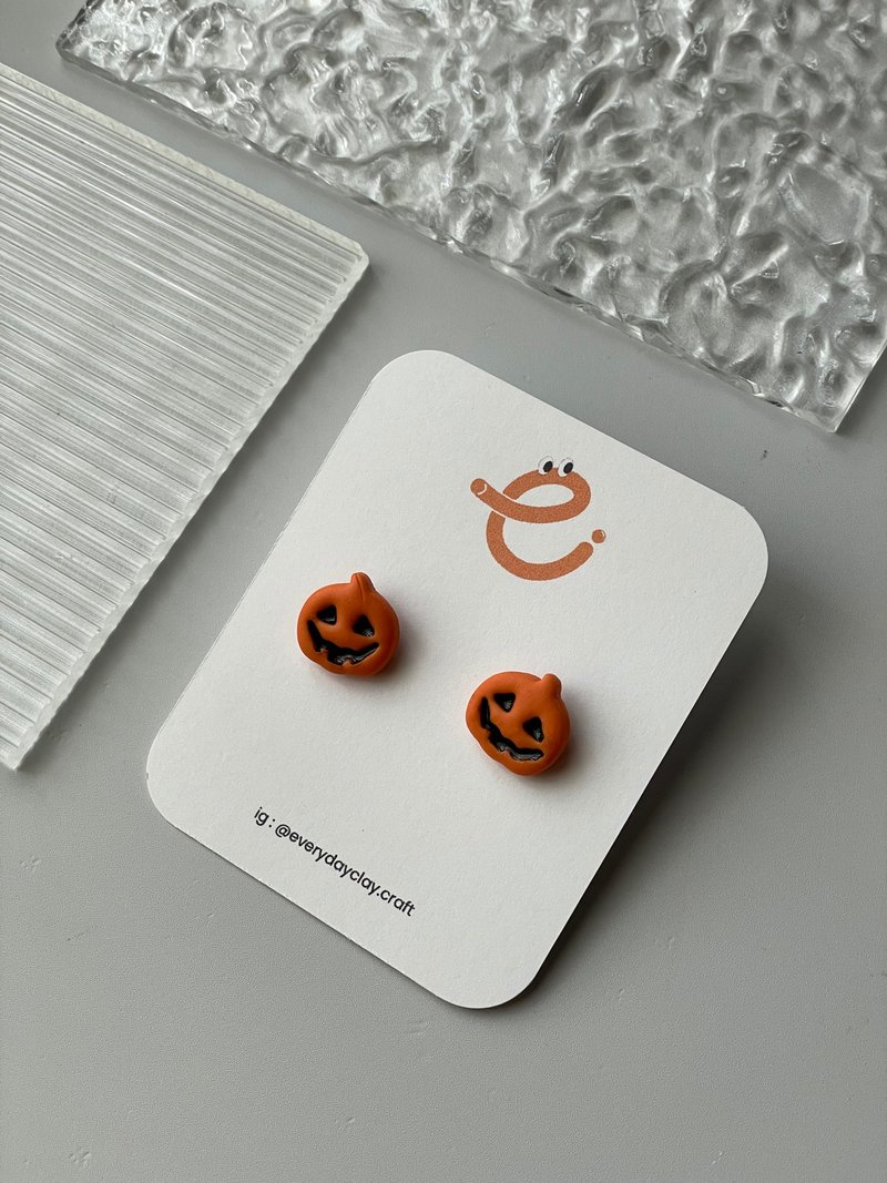 带脸的南瓜 - 耳环/耳夹 - 粘土 橘色