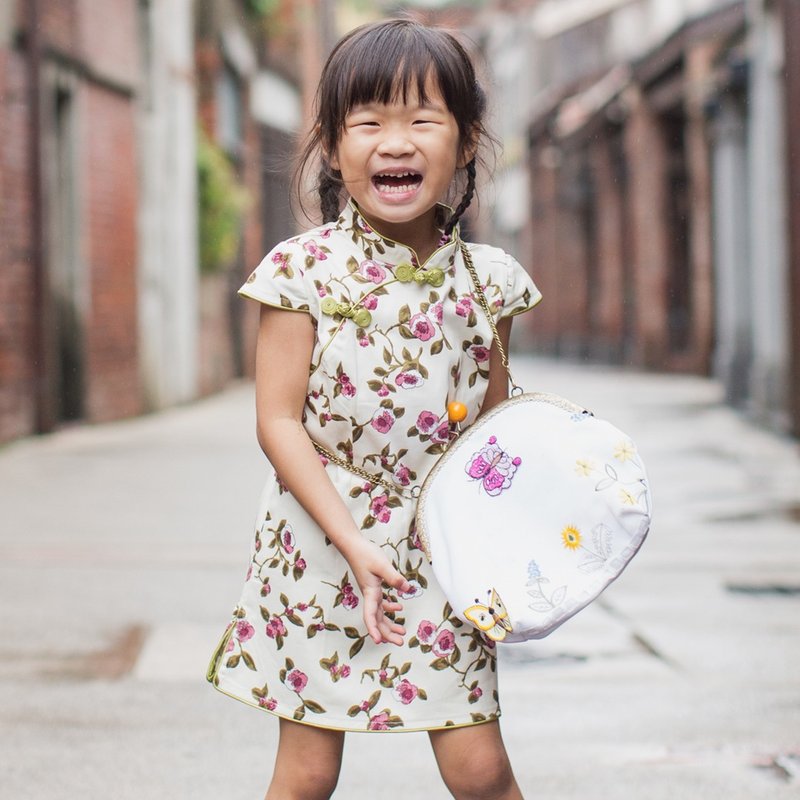 儿童旗袍 古风 秋季款 粉梅探春(白色) - 旗袍 - 棉．麻 