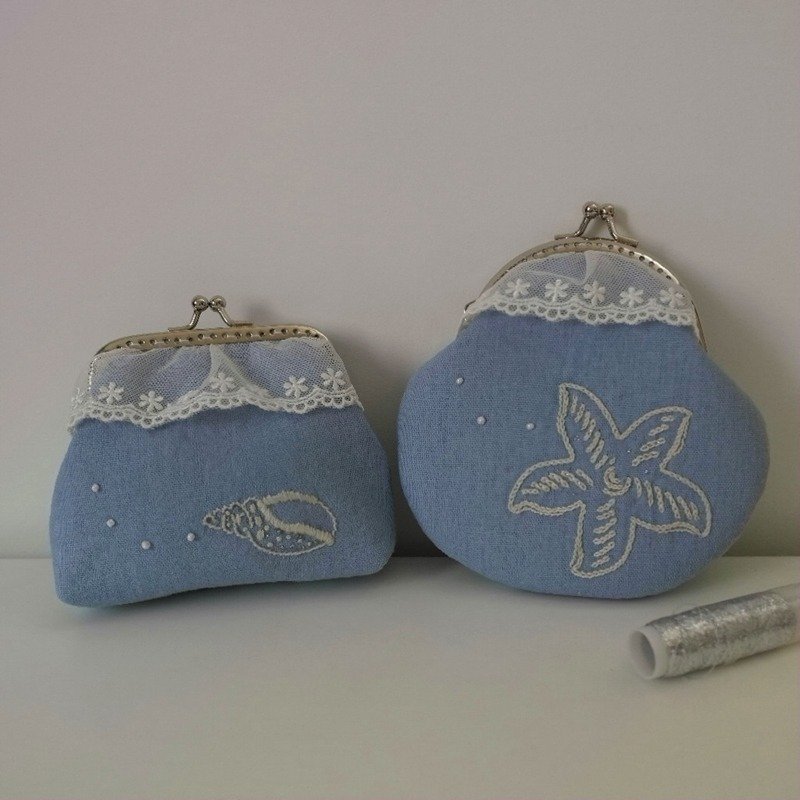 [純白海洋風系列] 夏日海洋風口金包 零錢包 - 零钱包 - 棉．麻 蓝色