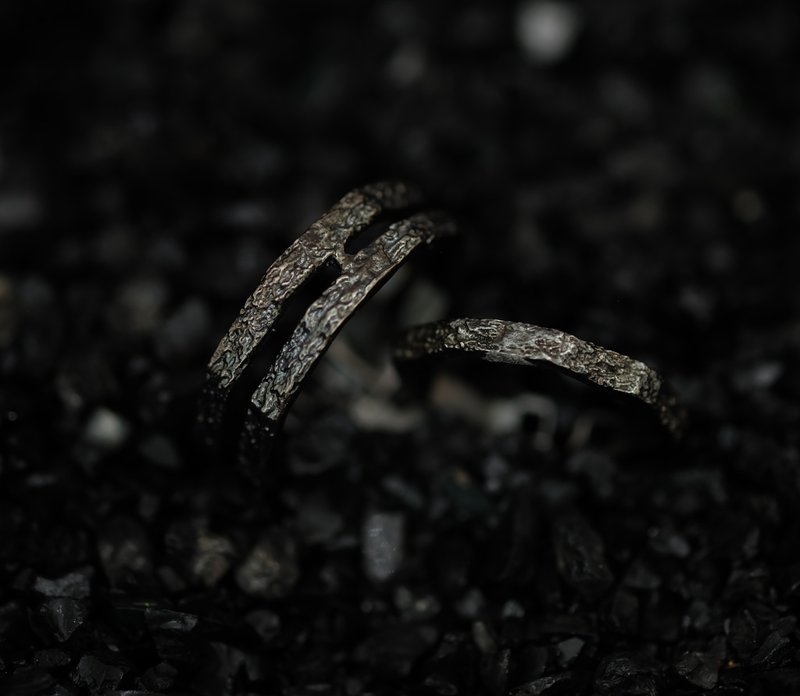 Texture Couple ring 2 lines - 对戒 - 纯银 黑色