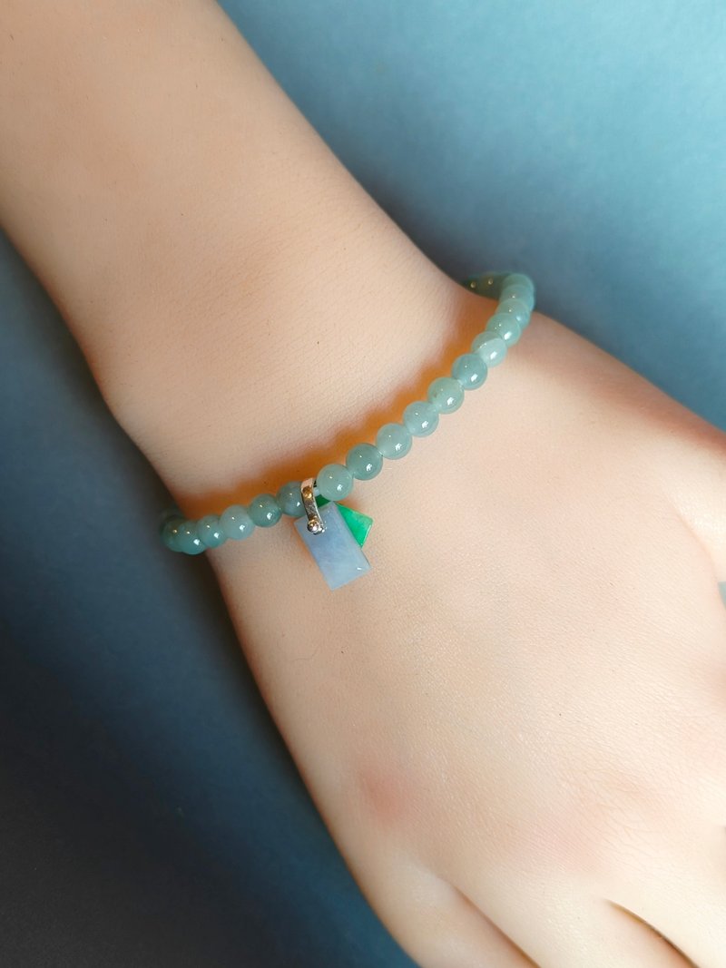 缅甸天然冰胶蓝水翡翠珠手串 l 紫翡绿翡无事牌吊饰 - 手链/手环 - 玉石 蓝色