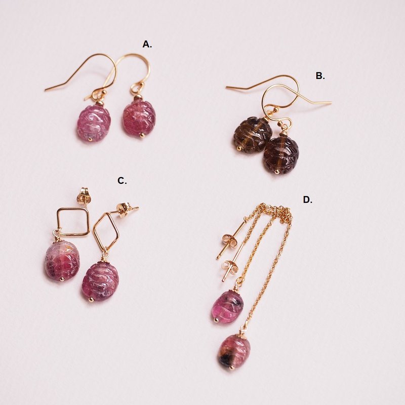 碧玺 雕件 龟 电气石 14K包金 14KGF 耳环 十月诞生石 - 耳环/耳夹 - 半宝石 多色