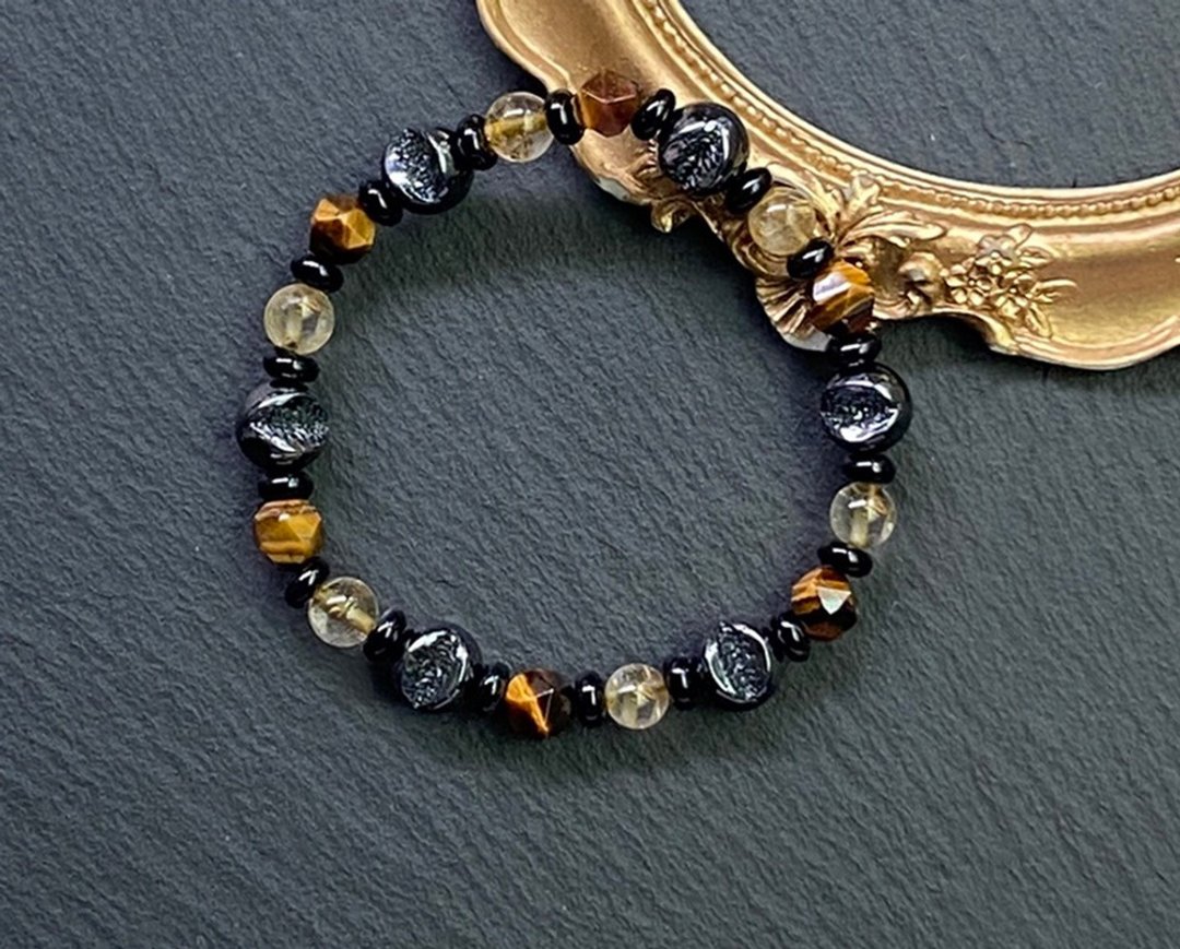 招财吸金-虎眼石x金发晶x黑玛瑙x黑胆石开口笑聚宝盆小晶洞手链 - 手链/手环 - 水晶 多色