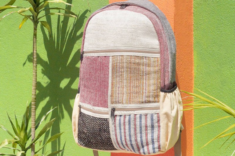 棉麻拼接设计后背包 肩背包  民族登山包 棉麻后背包-红色沙漠色 - 后背包/双肩包 - 棉．麻 红色