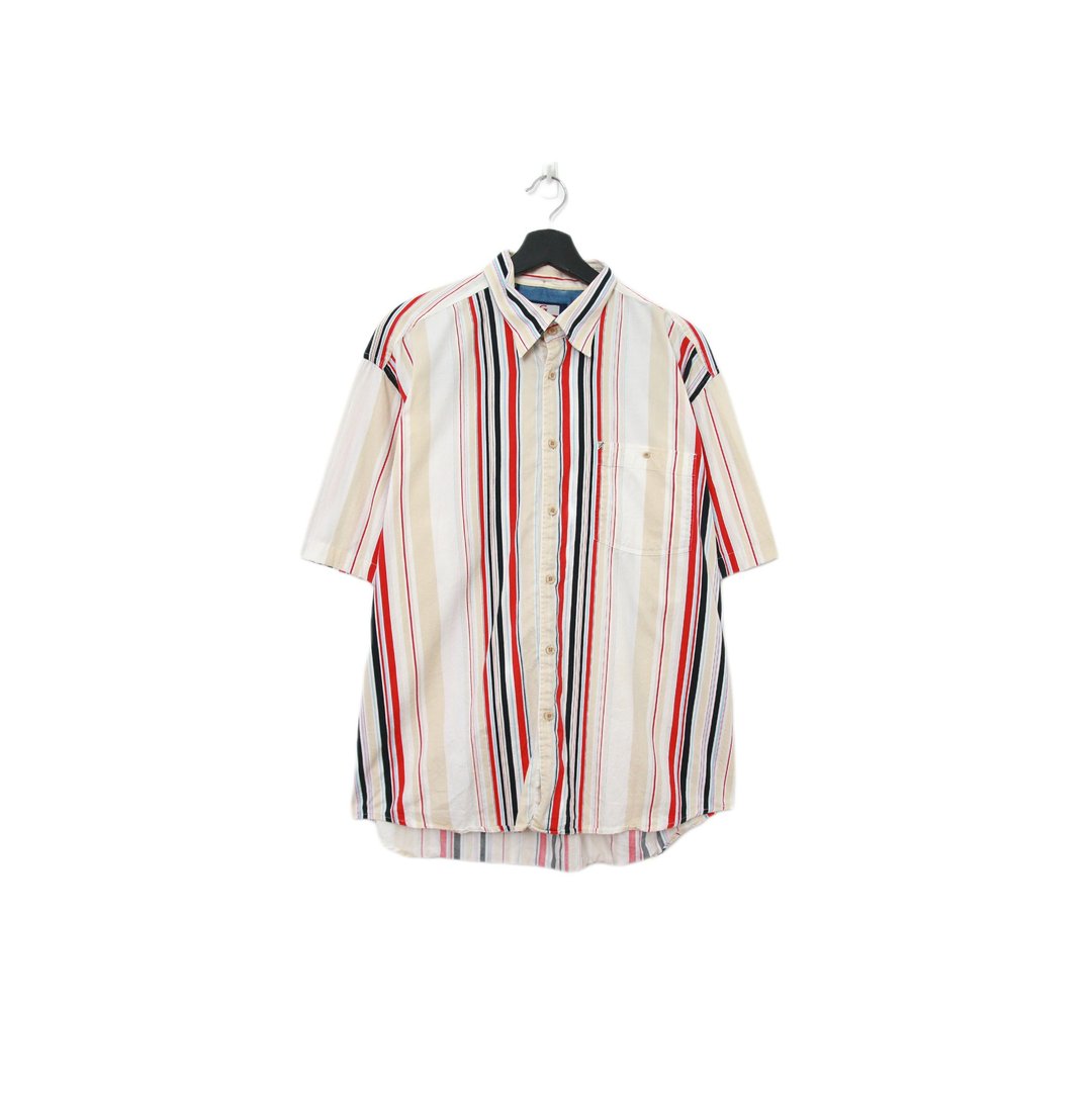 Back to Green-条纹短袖衬衫 米白 鲜红线条TS-08/vintage shirt - 男装衬衫 - 棉 