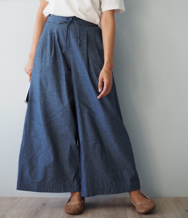 Cotton Chambray Wide Leg Trousers - 男士长裤 - 棉．麻 蓝色