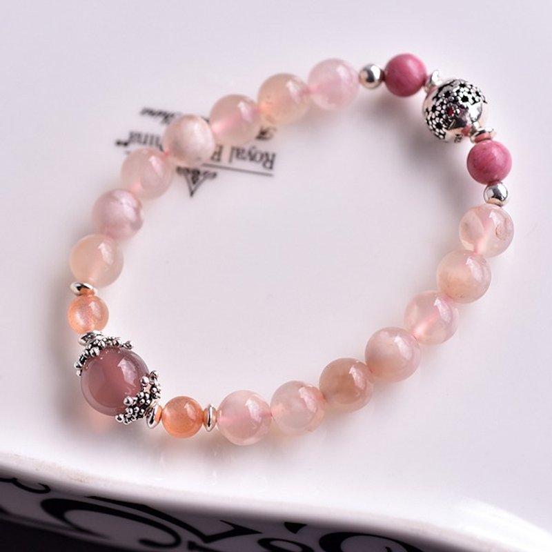 樱花玛瑙+紫玉髓+玫瑰石+太阳石纯银手链 - 手链/手环 - 宝石 粉红色