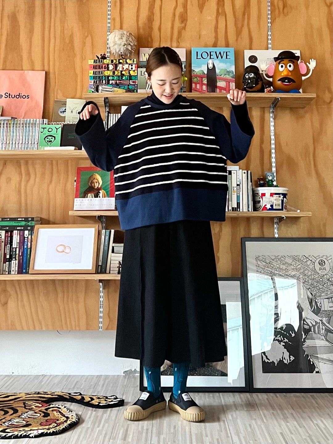 毛巾布条纹拼接上衣 - 女装上衣 - 其他材质 蓝色