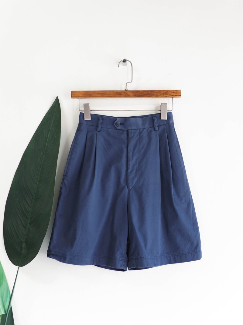 莫兰迪蓝素面青春恋爱日札 古董棉质宽短裤 西装裤 pants vintage - 女装短裤 - 棉．麻 蓝色