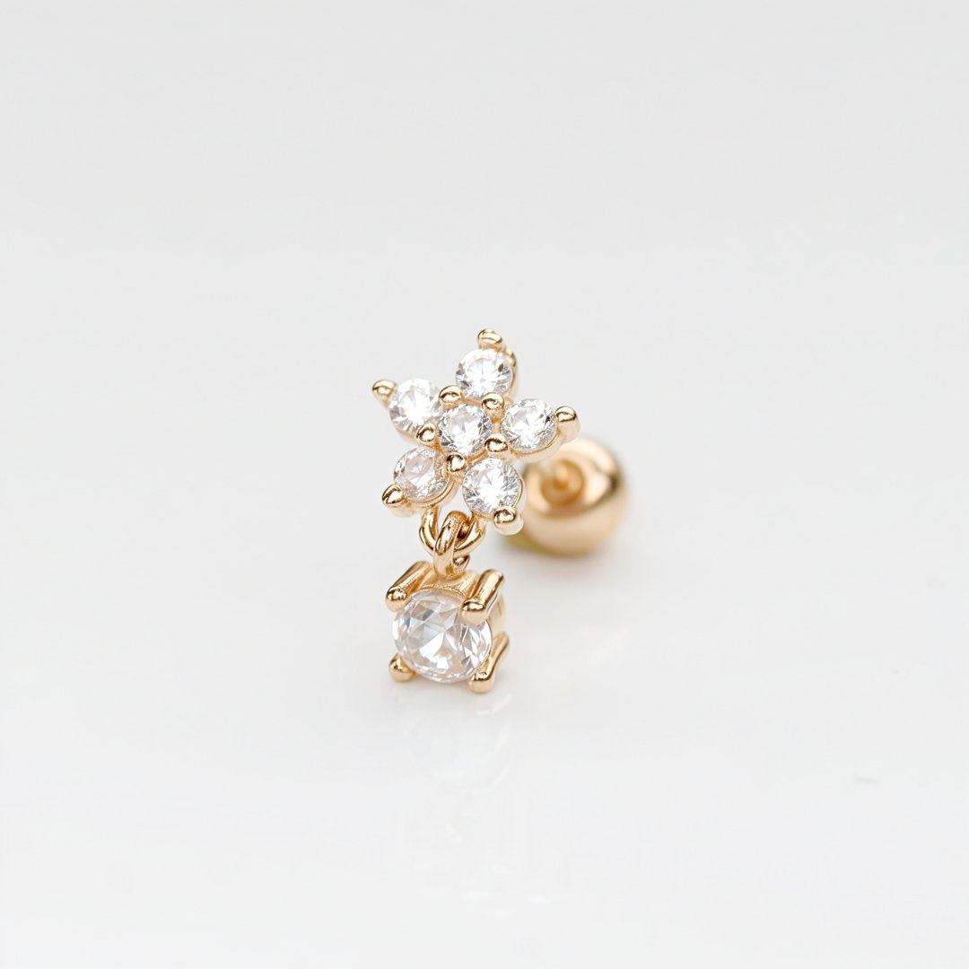 14K 星星钻坠锁珠耳环 (单个)耳骨 耳窝 不退色 - 耳环/耳夹 - 贵金属 金色