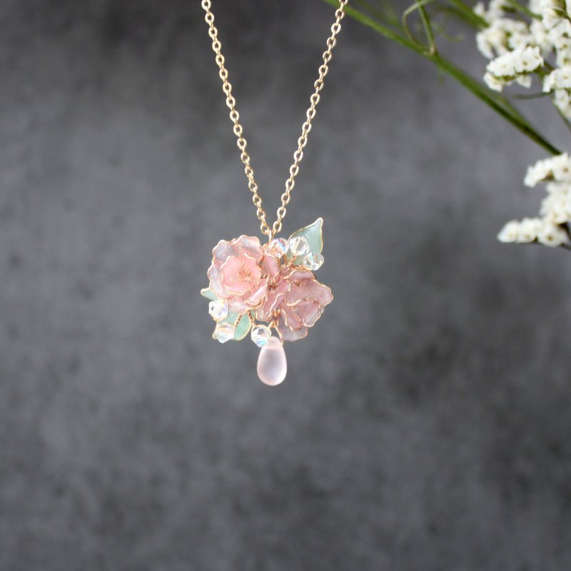 【水晶玫瑰项链】 玫瑰项链  水晶 14KGF 气质 项链 - 项链 - 树脂 粉红色